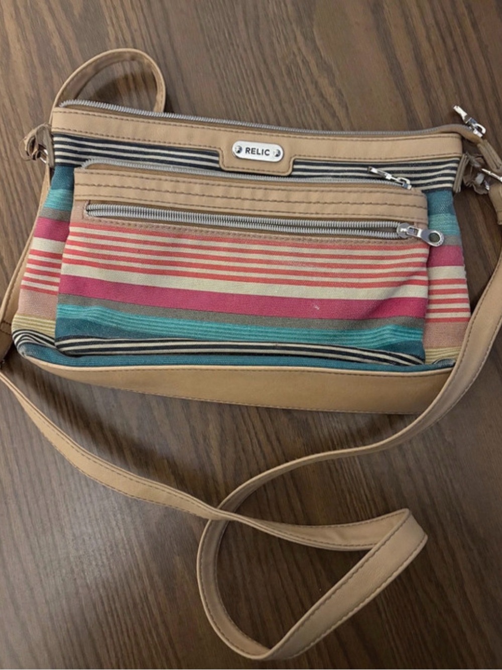 Relic Beige Crossbody with Teal & Coral Stripes